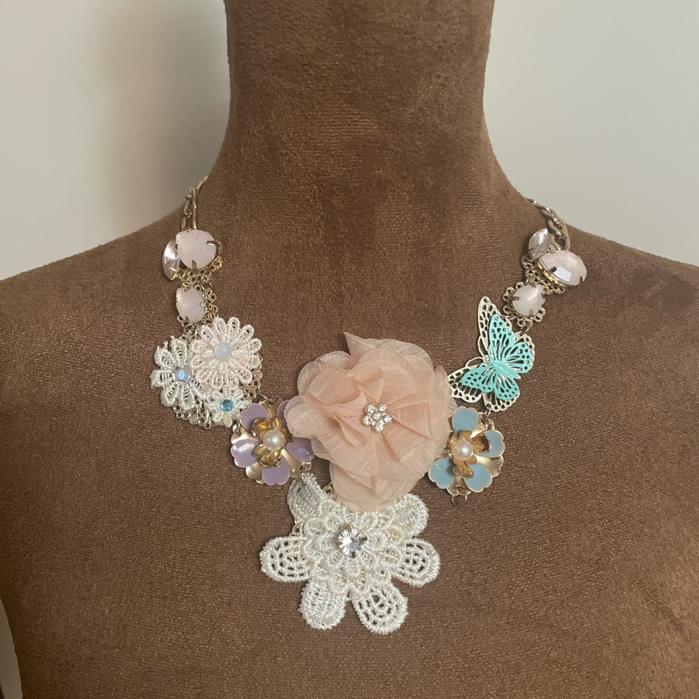 Vintage Floral and Rhinestone Statement Necklace with Butterfly Accent